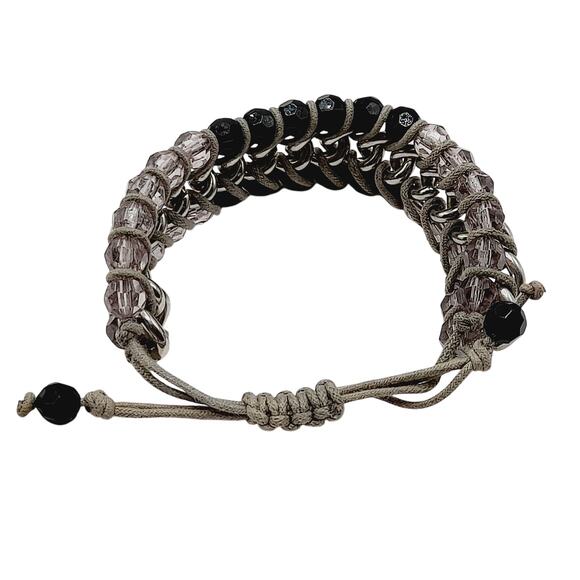 Artisan Black & Lilac Glass Beaded Macrame Bracelet - 6 1/2 Inch to 8 1/2 Inch - Picture 7 of 12